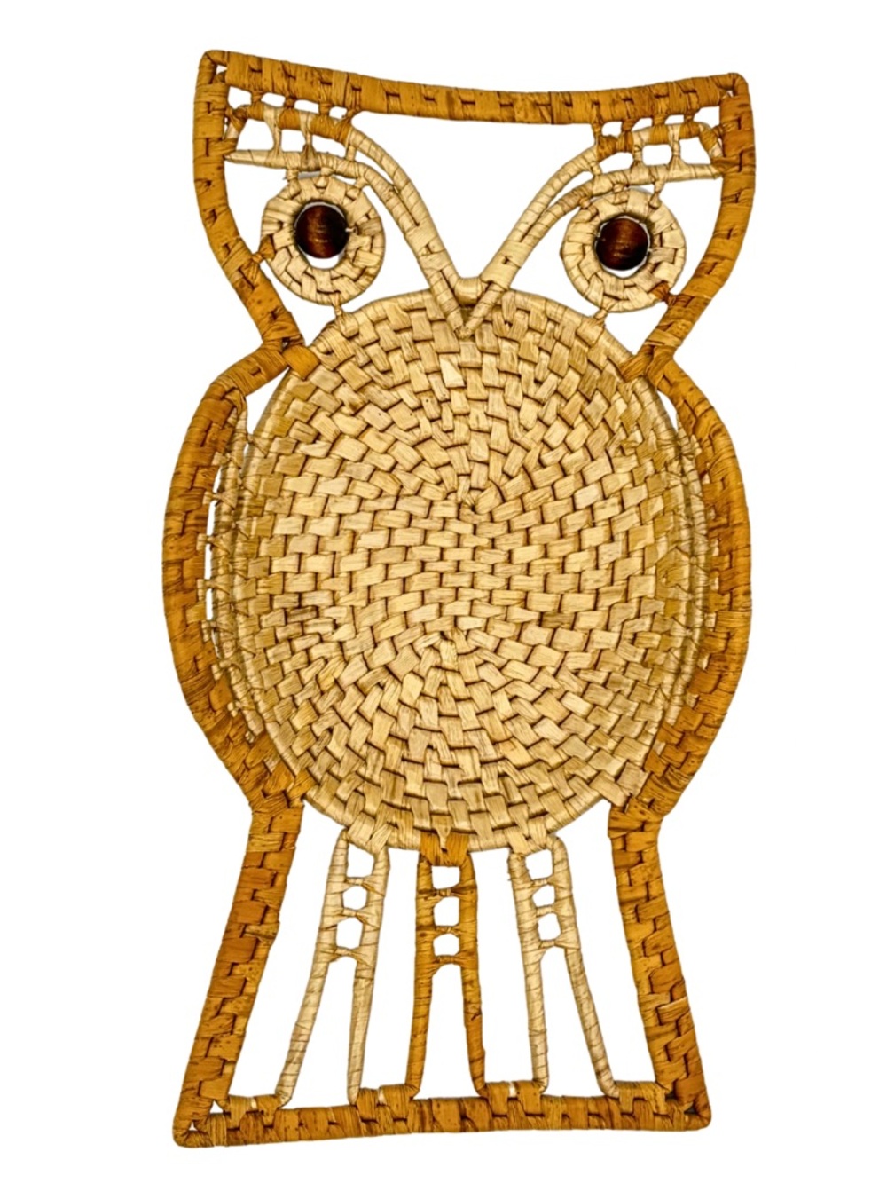 Vtg Woven Owl Wall Basket Rattan Straw Boho Rustic Folk Art Woodland Handmade